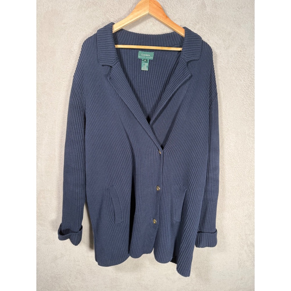 Lauren Ralph Lauren Navy Ribbed Cotton Double Breasted Cardigan 2X Gold Button